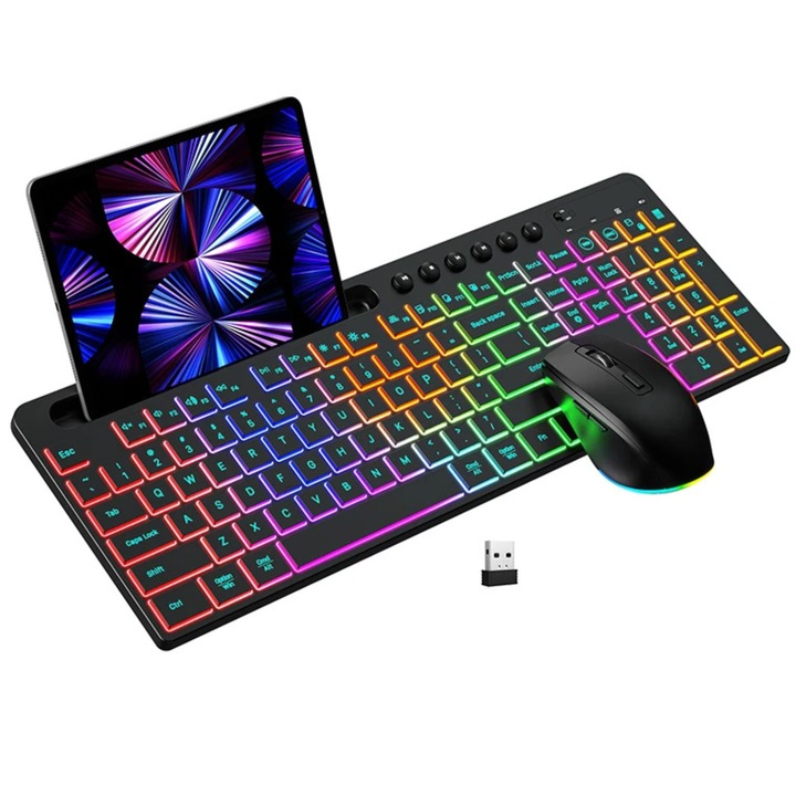 Комплект безжична клавиатура и мишка 2,4 GHz, SELERIS, съвместим с Win/Mac OS, регулируем RGB, поддръжка за телефон/таблет, 1 USB приемник, презареждаем USB C, 1000mAh, 500mAh, мишка 1600 DPI, 114 клавиша, черен