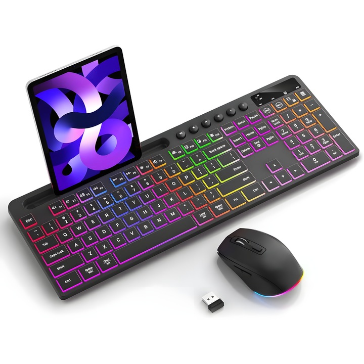 2,4 GHz-es vezeték nélküli billentyűzet és egér készlet, SELERIS®, telefon/táblagép támogatás, Win/Mac OS kompatibilis, állítható RGB intenzitás, 1600 DPI egér/10 RGB effektusok, újratölthető USB C, 1000 mAh, 500 mAh, 11 USB 4 vevő, 11 db USB kulcs