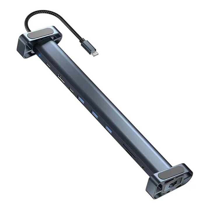 Hub USB 11-in-1 Rqiurpn, Aluminiu, Gri albastrui, 3xUSB 3.0, HDMI 2K & 4K, RJ-45