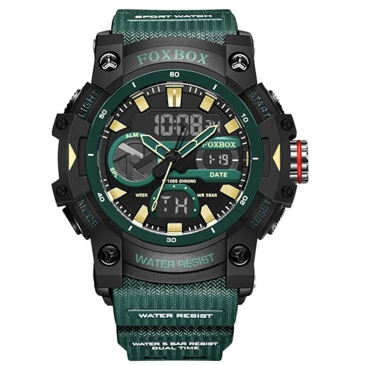 Ceas barbatesc de mana Fox Box Stil Militar Army Sport Casual Fashion Dual time Quartz Verde