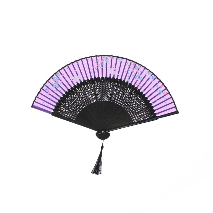 Сгъваем вентилатор, Buticcochet, пластмаса, флорален принт, 22 см, Черно с тъмно лилаво - EV294