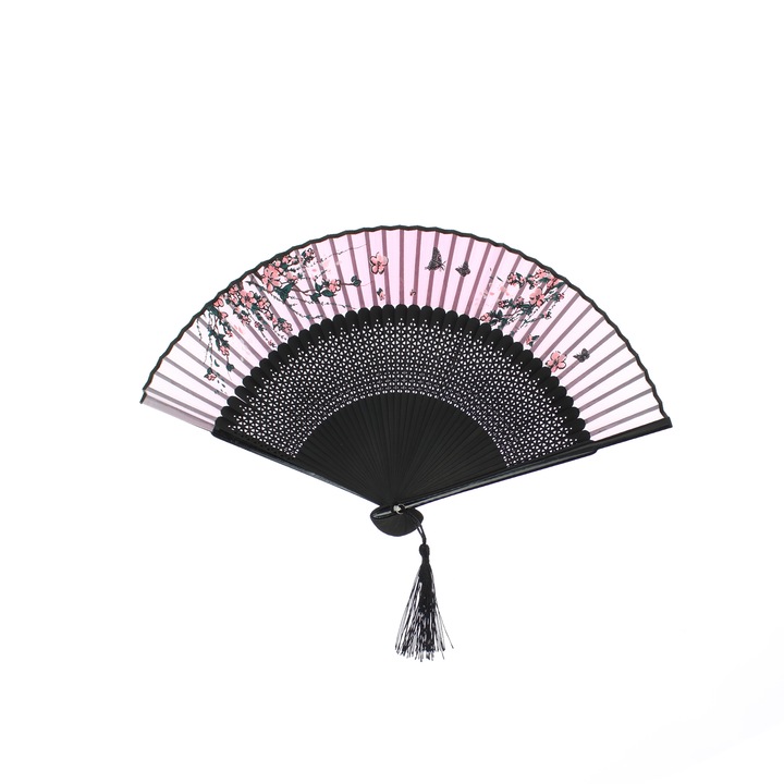 Сгъваемо ветрило, Buticcochet, пластмаса, флорален принт, 22 см, Черно с розово - EV297