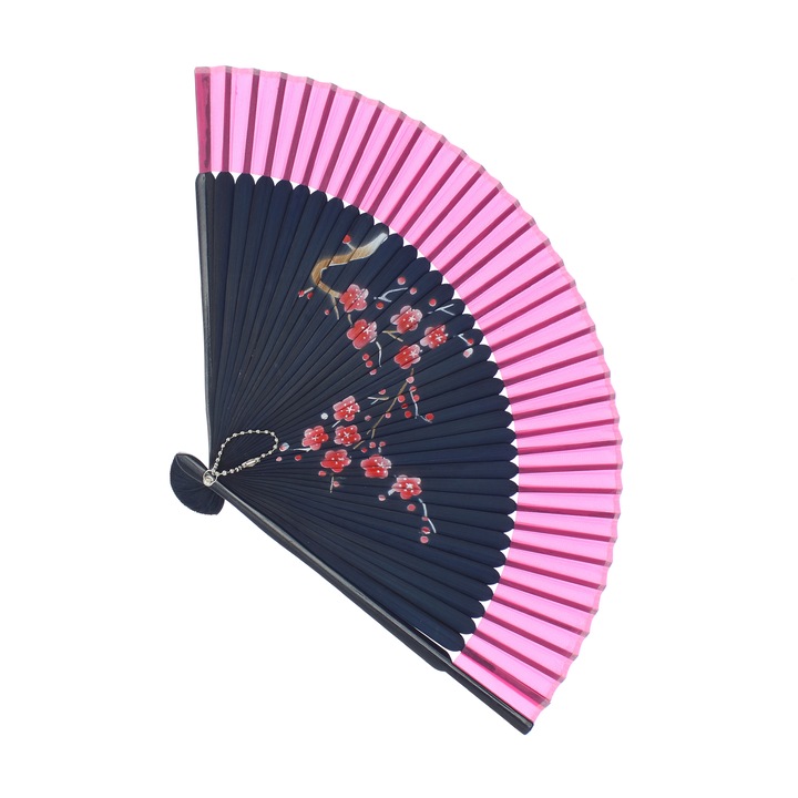 Összecsukható ventilátor, Buticcochet, műanyag, virágmintás, 22 cm, Sötétkék rózsaszínnel - EV301