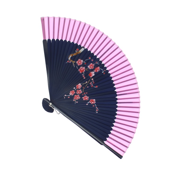 Összecsukható ventilátor, Buticcochet, műanyag, virágmintás, 22 cm, Sötétkék sötétlilával - EV304