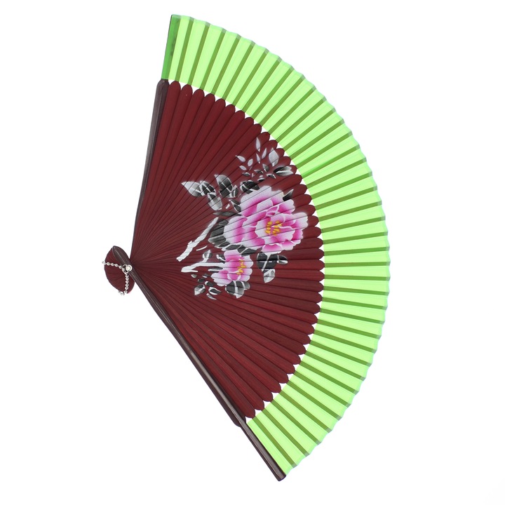 Összecsukható ventilátor, Buticcochet, műanyag, virágmintás, 22 cm, Burgundy zölddel - EV311