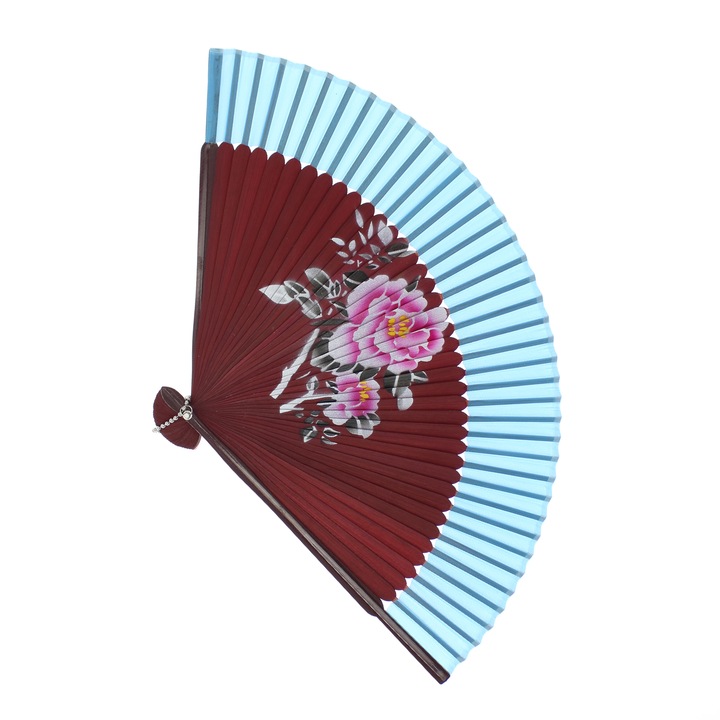 Összecsukható ventilátor, Buticcochet, műanyag, virágmintás, 22 cm, Burgundy kékkel - EV315
