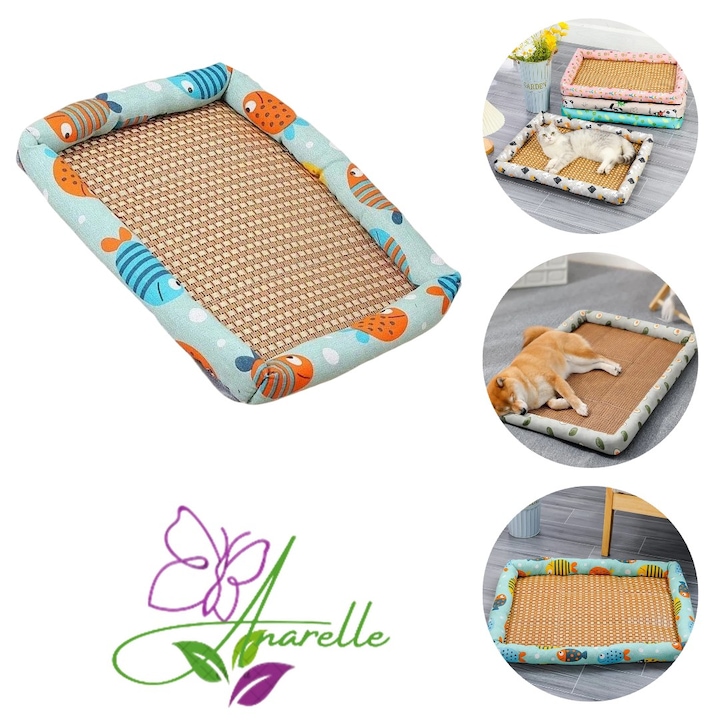 Culcus Pentru Caini si Pisici Dimensiuni 66x50cm Culoare Albastru Pat Confortabil cu Baza Antialunecare Ratan si Bumbac, Controleaza temperatura Corpului in toate anotimpurile Usor de Curatat, Pentru Interior, Multicolor, Manolex®