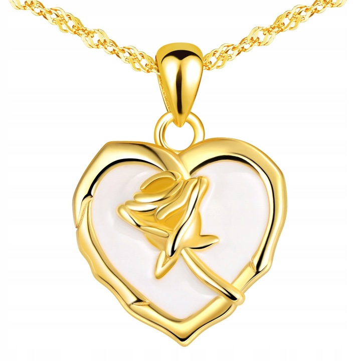 Colier feminin din argint 925 placat cu aur de 24 de karate - Inima si trandafir, simbol al iubirii