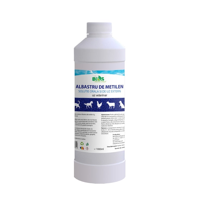 Albastru de Metilen, pentru uz veterinar, solutie orala si de uz extern, Bios Mineral Plant, 1000 ml