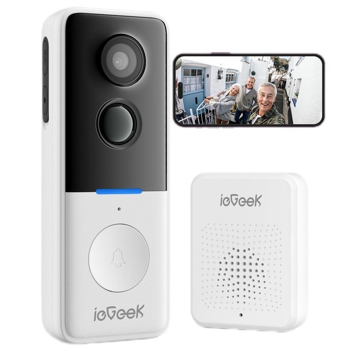 Безжичен видеозвънец ieGeek със звънец, 1080P HD, PIR детекция, двупосочно аудио, нощно виждане, водоустойчив