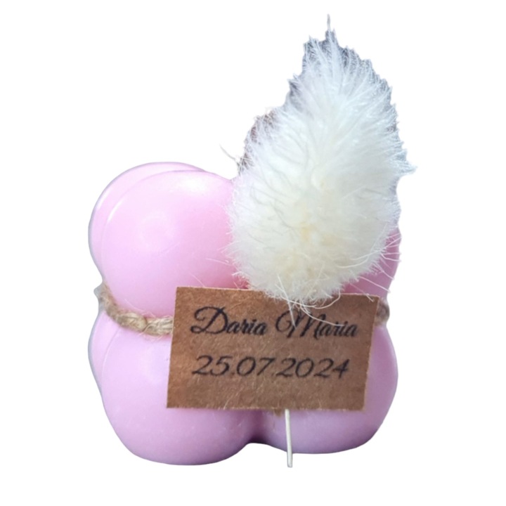 Marturie de Botez fetita, lumanare Bubble roz din ceara 100% naturala de soia, flori naturale uscate si eticheta