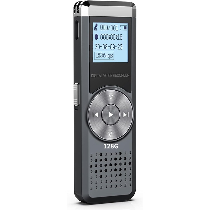 Професионален цифров рекордер Excitat®, 128 GB, с Mp3 плейър, възпроизвеждане за интервю, среща, лекция, клас, сив