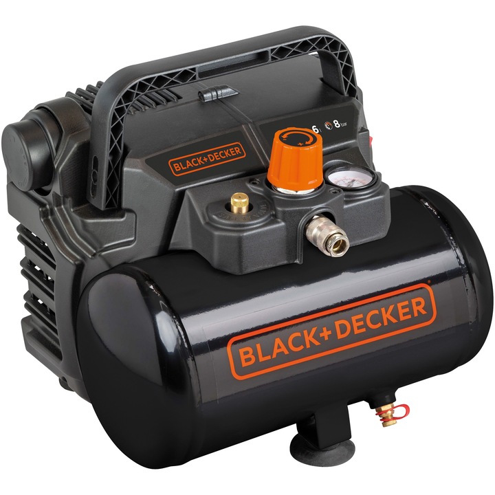 Компресор Black & Decker BXCMD156HE, 1.5 к.с., Максимално налягане 8 бара, Капацитет на резервоара 6 л, Максимален дебит 180 л/мин, 230 V