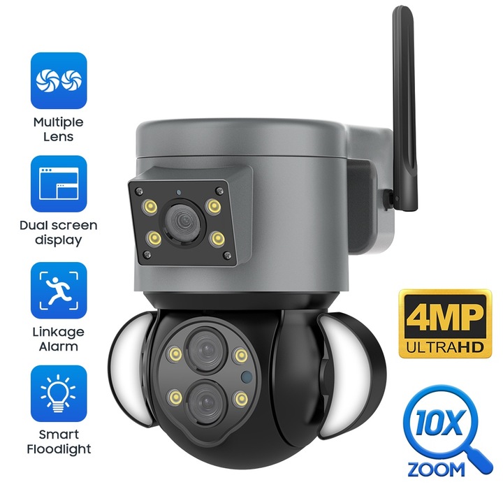 Camera de supraveghere WIFI C Tech® cu 3 lentile, 1 lentila unghi larg x0.5, 4MP exterior/interior, UltraHD, 10X zoom, rotire 355 grade, lumina cu led, comunicare bidirectionala, alarma, senzor miscare, viziune nocturna color+infrarosu, Negru+64GB SD card