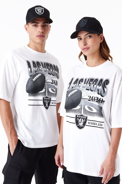 New Era, Унисекс тениска от памук с графична шарка, Бял/Tъмносив