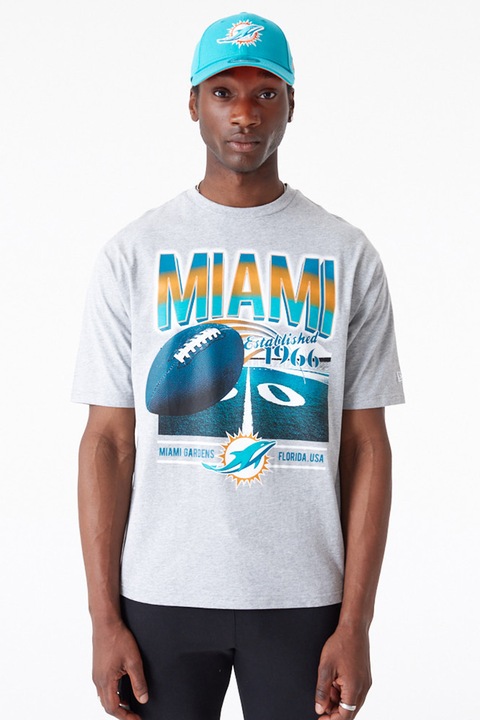 New Era, Тениска с графична шарка и овално деколте, Черен/Светлосив меланж