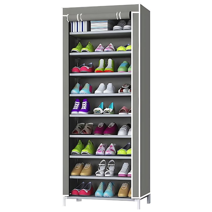 Dulap pentru depozitarea pantofilor Promerco® culoare gri, materiale premium, structura metalica, 160x60x30 cm, 10 rafturi