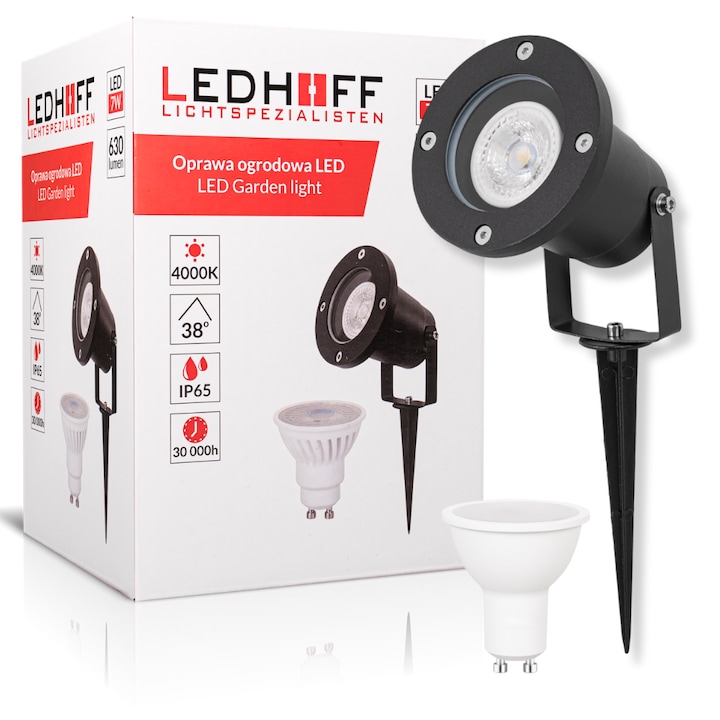 Lampa de gradina cu tarus, Ledhoff, 4000k, 7 W, 630 lm, IP65, AC230V, 31cm, Negru