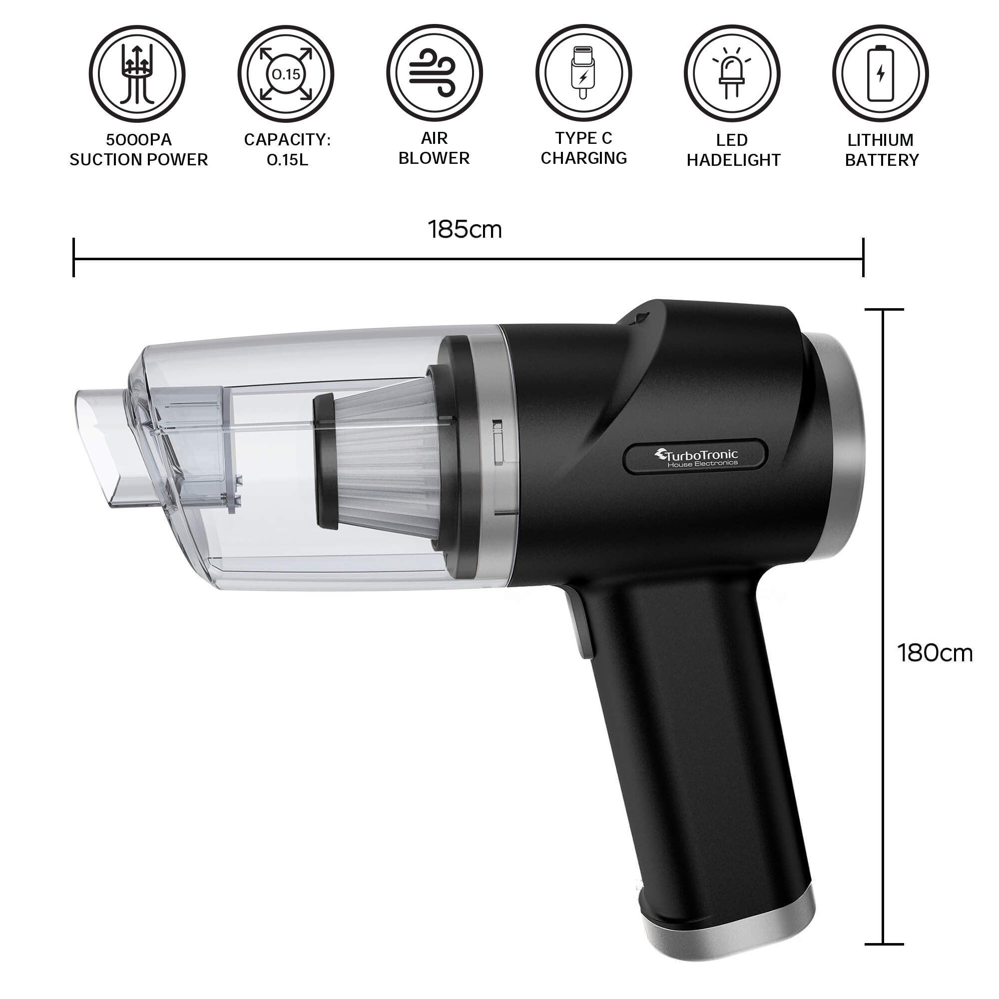 Suflanta Aer, Aspirator Portabil, TurboTronic TT-EQ7, pentru indepartare si aspirare praf, 40 W, lumina LED, Negru/Gri