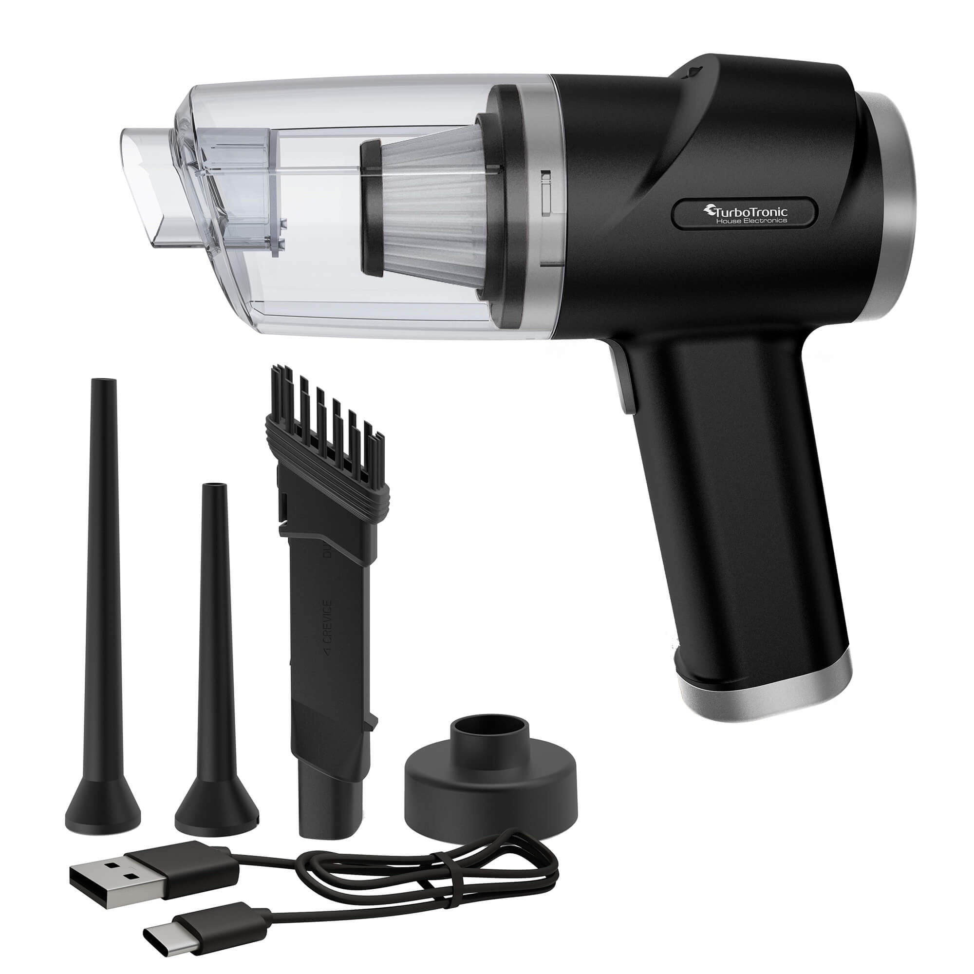 Suflanta Aer, Aspirator Portabil, TurboTronic TT-EQ7, pentru indepartare si aspirare praf, 40 W, lumina LED, Negru/Gri