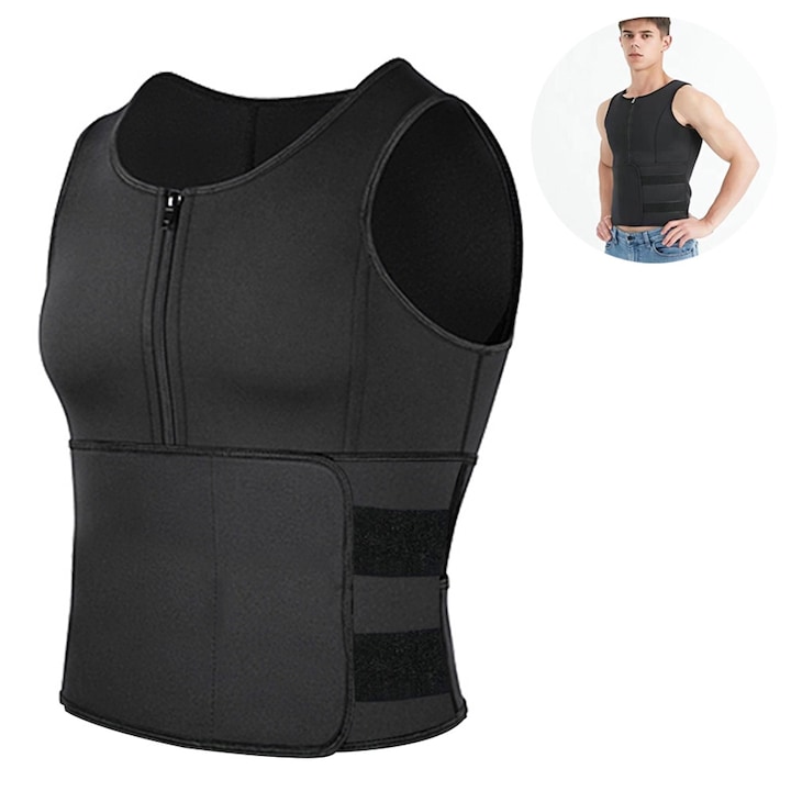 Vesta de sauna pentru barbati, Bizaical, neopren, neagra, marime XL, control 360, design cu curea dubla