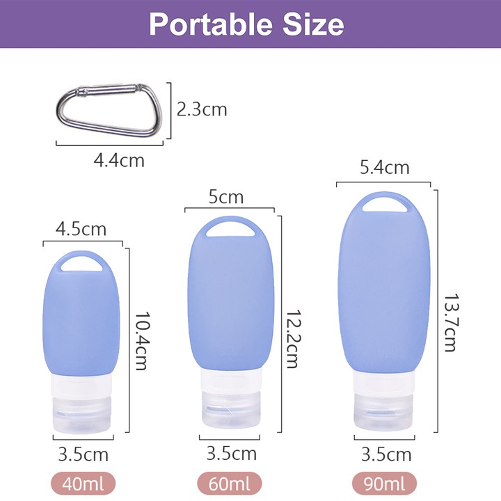 Set 3 recipiente pentru calatorie, reutilizabile, cu carabina, albastru/alb