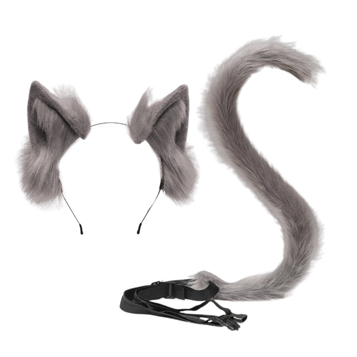 Set urechi de pisica si coada lunga, BGHYHYHI, gri, unisex, pentru Halloween
