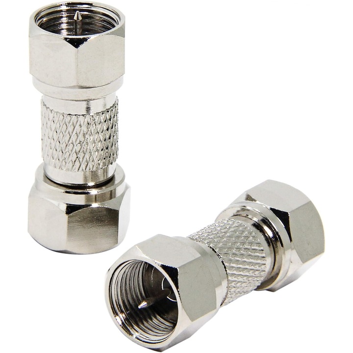 Conector coaxial F tip, set 2 buc, adaptor extensie pentru TV, antena, splitter, amplificator, 105 Ohm