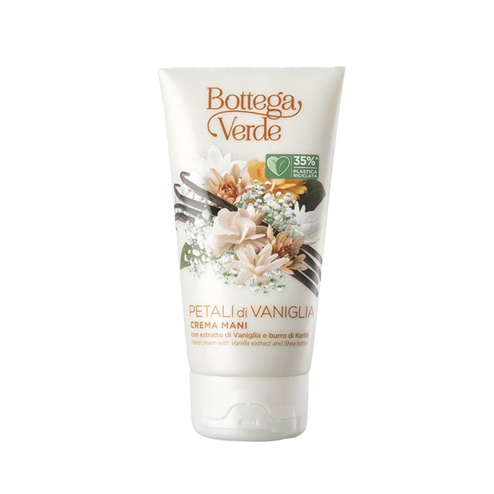 Crema pentru Maini Hidratanta cu Extract de Vanilie si Unt de Shea - Petali di Vaniglia, Bottega Verde, Hidrateaza, Hraneste si Catifeleaza Pielea, Cu Textura Delicata si Parfum Senzual de Vanilie, Ideala pentru Ingrijirea Zilnica a Mainilor, 75 ml