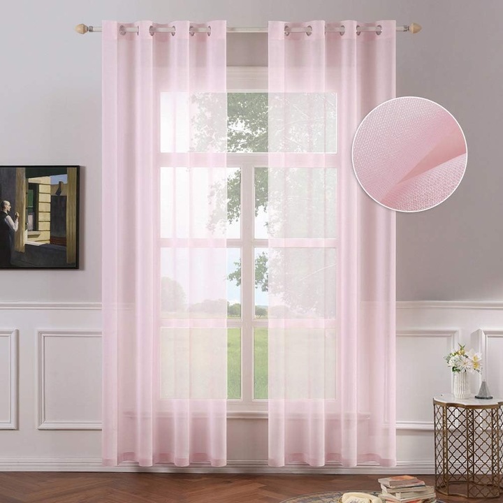Ефирни пердета от имитация на лен за защита на личния живот, елегантна декорация, прозрачни бебешко розово, с капси, панели за прозорци за филтриране на слънчева светлина, 2 панела