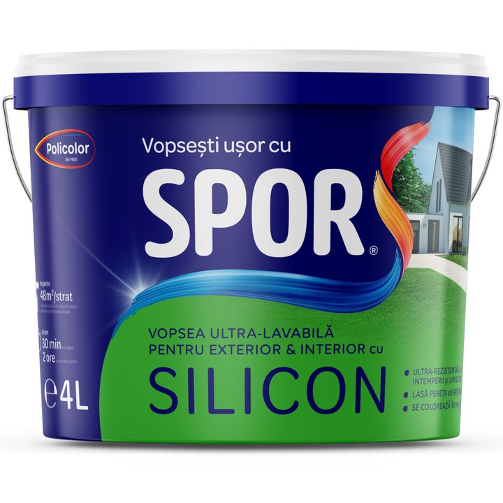 Vopsea ultra-lavabila SPOR pentru exterior si interior cu Silicon, alba, 4L