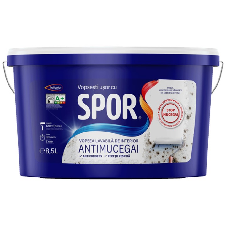 Vopsea lavabila de interior SPOR ANTIMUCEGAI, alba, clasa A+ COV, 8.5L