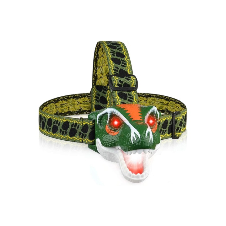 Детски челник, LED, форма на динозавър T-Rex, със звуци, 3 вида осветление, зелен