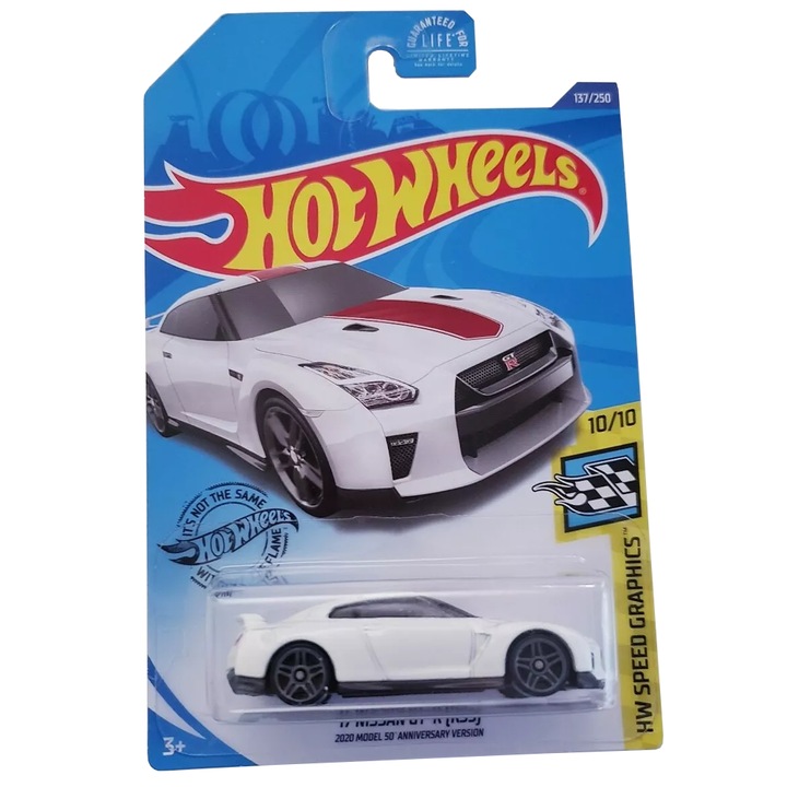 Hot Wheels '17 Nissan GT-R (R35) метален автомобил, HW Speed Graphics Collection - 2020 Edition Модел 50 Anniversary Version, Бял, 1:64