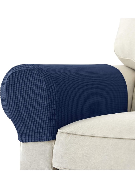 Set 2 huse elastice pentru brate fotoliu, poliester spandex, albastru marin, 20x18x3cm