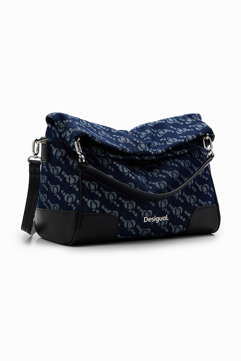 Desigual, Geanta de umar cu model si bareta ajustabila, Negru, Bleumarin