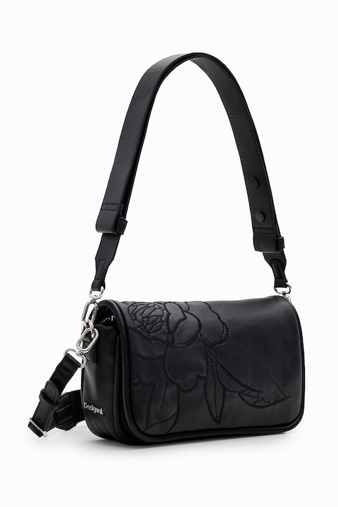 DESIGUAL, Keresztpántos műbőr táska tűzött részletekkel, Fekete