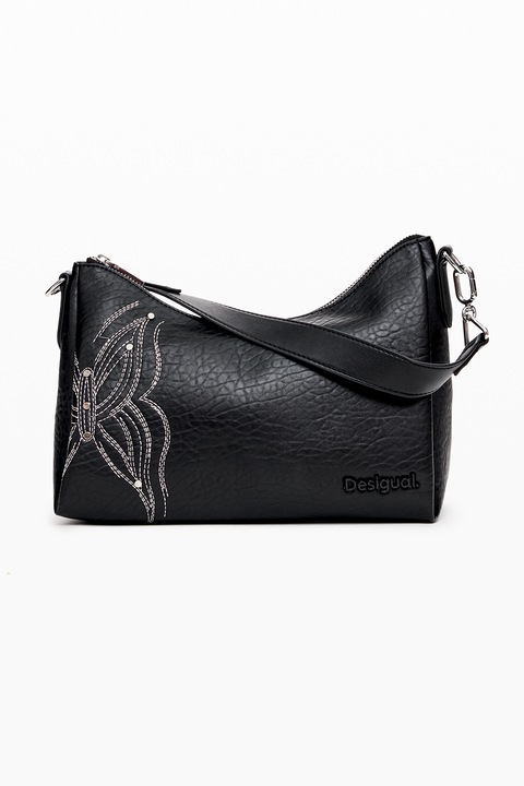 DESIGUAL, Keresztpántos műbőr táska tűzött részletekkel, Fekete