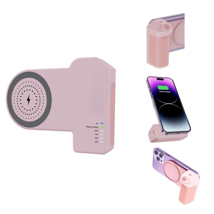 Suport magnetic inteligent pentru telefon DSD®, Camgrip, Baterie wireless incorporata, Bluetooth, Magsafe, Compatibil cu IOS si Android, 90°, Roz