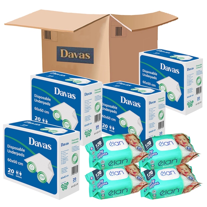 Aleze Davas 60x60 cm, 4x20 buc si Servetele umede Elan 4x120 buc
