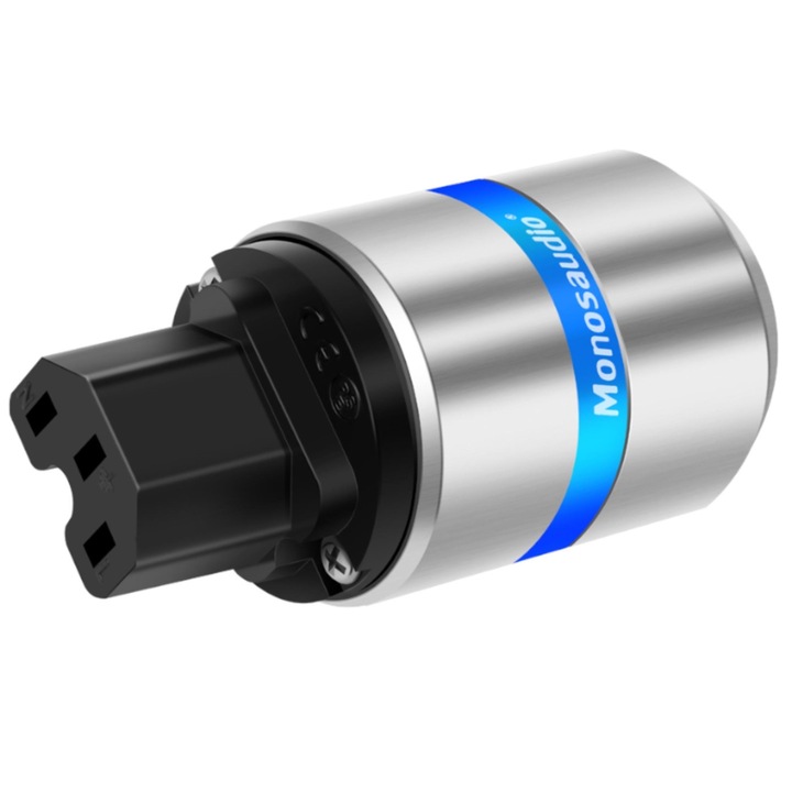 Conector IEC, Monosaudio, Aluminiu, Pini cupru pur, 10A/250V AC, 18mm, Negru/Argintiu