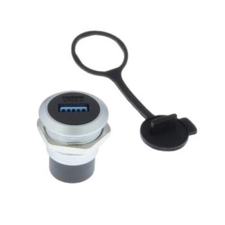 Priza de panou USB 3.0 cu capac de praf, AVSSZ, Filet M24, Contacte aurite, Negru/Gri