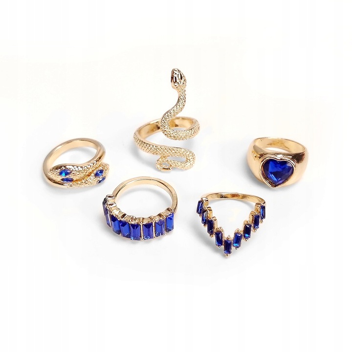 Set 5 Inele Retro Punk Vintage, auriu/albastru, alama/cupru, 16-18mm