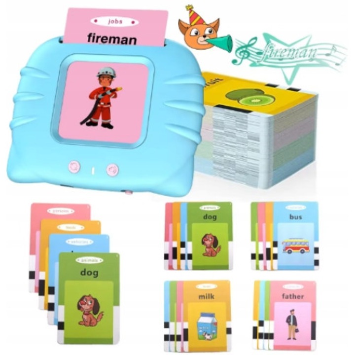 Set Interactiv de Invatare Engleza pentru Copii, 112 Carti Educationale, Baterie Reincarcabila, Albastru