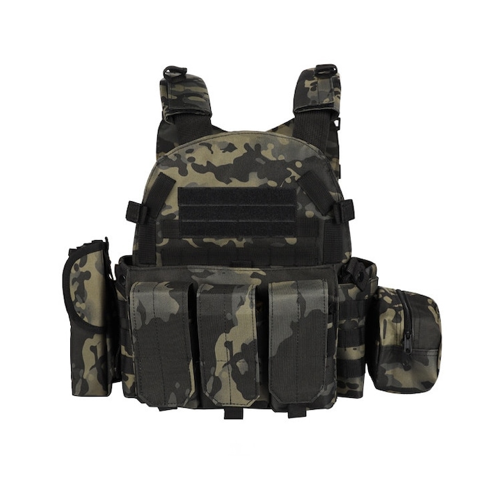 Vesta tactica, nylon, sistem MOLLE, cu 3 huse, centura, verde/negru