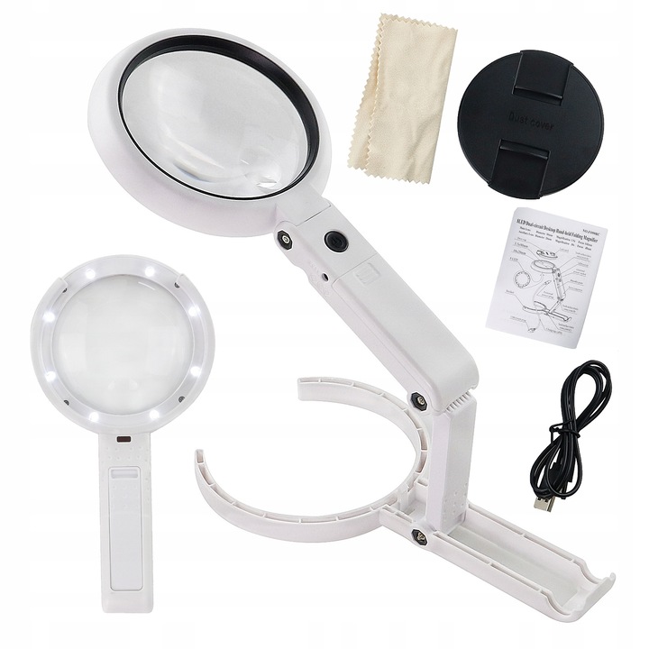 Kit lupa cu iluminare LED, ABS, Marire 5x/11x, Alimentare USB/baterii, 75mm/19mm, Alb