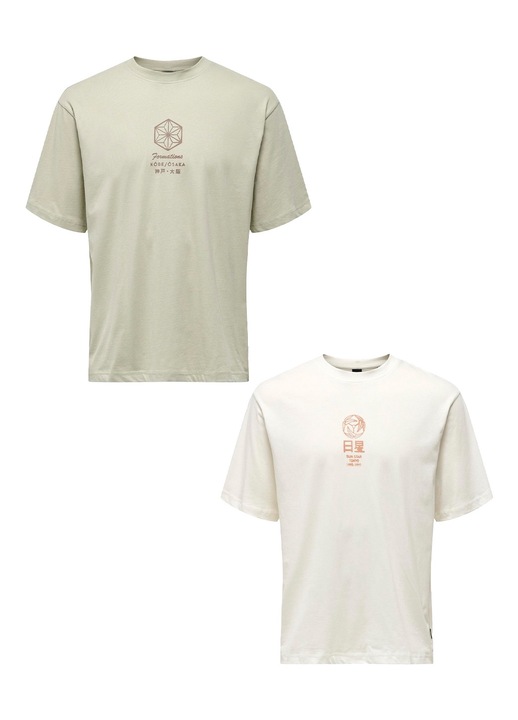 2 db-os férfi póló készlet, Only & Sons, Organikus pamut, fehér/szürke, Fehér/Szürke