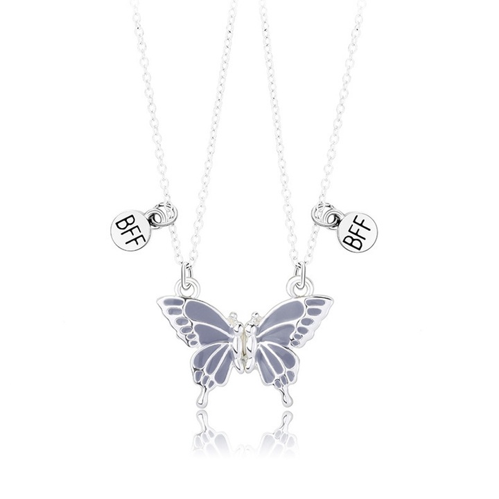 Set 2 Coliere prietenie, pandantiv fluture, aliaj, gri/argintiu