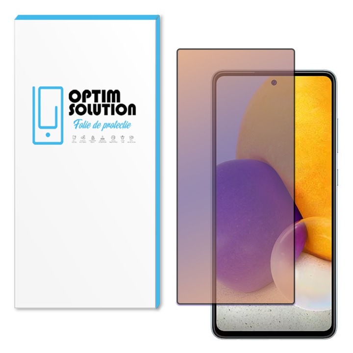 Anti-BlueRay felső fólia Samsung Galaxy A72 4G / 5G készülékhez, OPTIM MEGOLDÁS, Kristálytiszta Secure Glass, UV-álló, Vékony illeszkedés, Teljes védelem 9H, Anti-Blue Light, Teljes ragasztó, Blokkolja a kék fényt, AntiShock, Optim Premium technológia