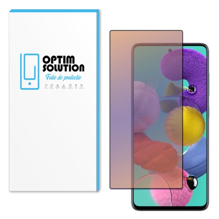 Anti-BlueRay felső fólia Samsung Galaxy A51 4G / 5G telefonhoz, OPTIM MEGOLDÁS, Kristálytiszta Secure Glass, UV-álló, Vékony illeszkedés, Teljes védelem 9H, Anti-Blue Light, Teljes ragasztó, Blokkolja a kék fényt, AntiShock, Optim Premium technológia
